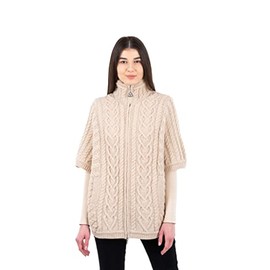 SAOL Women's Irish Cardigan Made of 100% Merino Wool Ireland Poncho with Front Pockets (Parsnip, Large-X-Large)