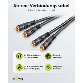Goobay 50433 Stereo RCA Cable 2x RCA, Double Shielded, Black, 0.2 m Cable Length
