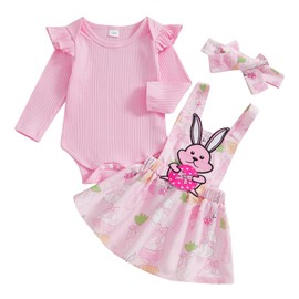 Adobabirl Baby Girl Easter Dress Outfit Ribbed Ruffle Romper Bunny Suspender Skirt Headband 3Pcs Spring Clothing Set (Pink Bowknot Easter Eggs, 3-6 Months)