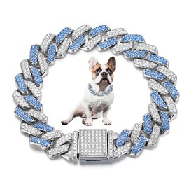 Sliver Blue Dog Chain Collars for Medium Dogs, Bling Dog Necklace Rhinestone Diamond Glitter Sparkly Jewelry Metal Cuban Link Dog Collars for Small Medium Large Girl Boy Pet 16 Inch