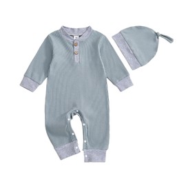 Infant Baby Boy Ribbed Rompers Contrast Trim Full Length Jumpsuit Newborn Baby Boys' Long Sleeve Bodysuits V Neck Button Up Footies with Cap 2Pcs Fall Winter Outfits (Stone Blue, 1-3 Months)