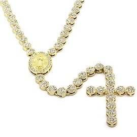Bitter Sweet Store Iced Out 36" Gold Rosary Cluster Cubic Zirconia CZ Flower Chain Necklace Cross 14K Finish
