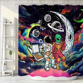 Sanzugh Funny Trippy Space Shower Curtain Astronaut Alien Curtains for Kids Men Boys Guys Bathroom, Cool Alien Planet Galaxy Fabric Shower Curtains Set Decoration with Hooks 60 X 72 inch Bath Decor