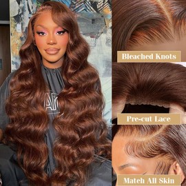 Daveila 24 Inch Chocolate Brown Body Wave Glueless Wig Human Hair Pre Plucked Pre Cut Glueless Lace Front Wig Ready to Wear 6x4 Body Wave 180% Density Closure Wig Natural Hairline #4 Colored Wig