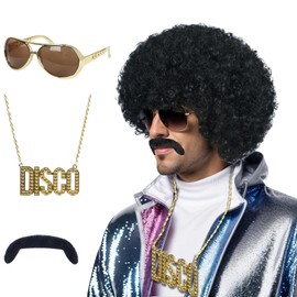 Yuehong Short Black Curly Fluffy 70s Afro Wig 80s Disco Rocker Wig Heat Resistant Synthetic Fibers Durable Breathable Costume Hair for Unisex with Mustache Necklace and Glasses