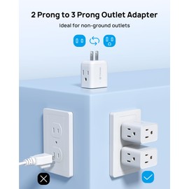 TROND 2 Prong to 3 Prong Outlet Adapter, Multi Plug Wall Outlet Extender, 3 Way Plug Splitter, Horizontal Wall Expander for Non-grounded Socket for Old Home Office Hotel Cruise Travel, 2 Pack, White