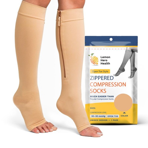 Medical Zippered Compression Socks - Open Toe 20-30 mmHg Varicose Veins Compression Stockings with Zip Guard for Skin Protection, Lightweight Diabetic Compression Socks - Large, Beige [1 Pair]