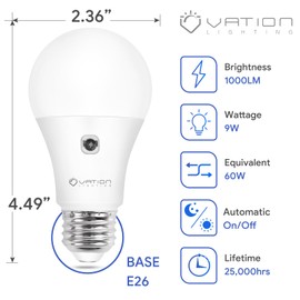 A19 Dusk to Dawn Sensor LED Light Bulbs Outdoor, Daylight 5000K, Energy Efficient 9W(60 Watt Equivalent), E26 Standard Base, Auto on/Off Photocell Automatic, 25,000 Hour Lifetime, 6-Pack