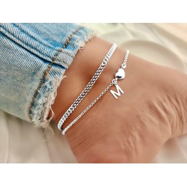 DORANA Anklets for Women Silver Waterproof Initial Anklets with Letter Heart Charm Women Adjustable Ankle Chains Gift for Her Initial Foot Jewelry,M