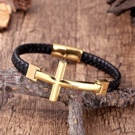 Urban Jewelry Trendy Men’s Cross Bracelet – Lord’s Cross in a Luminous Silver or Gold Finish – Rust & Discoloration Resistant Stainless Steel Charm – Black Genuine Leather Rope Cord (Gold)