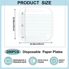 200 Piece Back to School Notebook Paper Plates First Day of School Disposable Plates Square Decorative Plates for Graduation Party Supplies Table Decorations,9 In