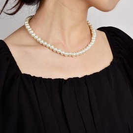 Candyfancy Pearl Necklace Women's Pearl Chain 42 + 5 cm White Round Simulated Glass Beads Chain Necklace Pearls White for Women and Girls Mother Birthday Gifts White Pearls 4 mm 6 mm 8 mm, Pearl