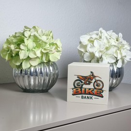 Motocross Motorcycle Money Box Made of Wood with Saying Bike Bank, Perfect Off-Road Money Box Made of Wood in Motocross Motorcycle Design in Orange/Black with Cool Lettering Below