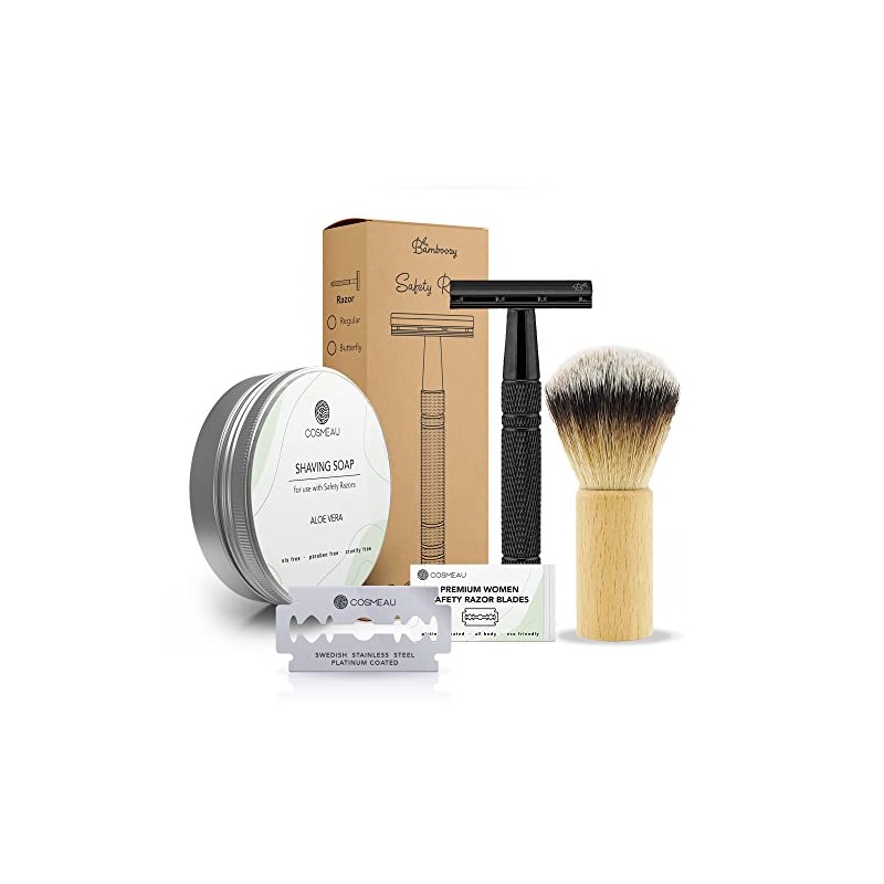 Bamboozy Safety Razor Starter Kit, Shaving Soap and 20 Razor