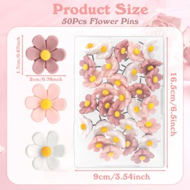 Flower Push Pins, 50Pcs Thumb Tacks for Cork Board, 0.5Inch Cute Push Pins for Bulletin Boards Cork Boards Cardboard Hanging Posters Wall Decorations(Pink + White)