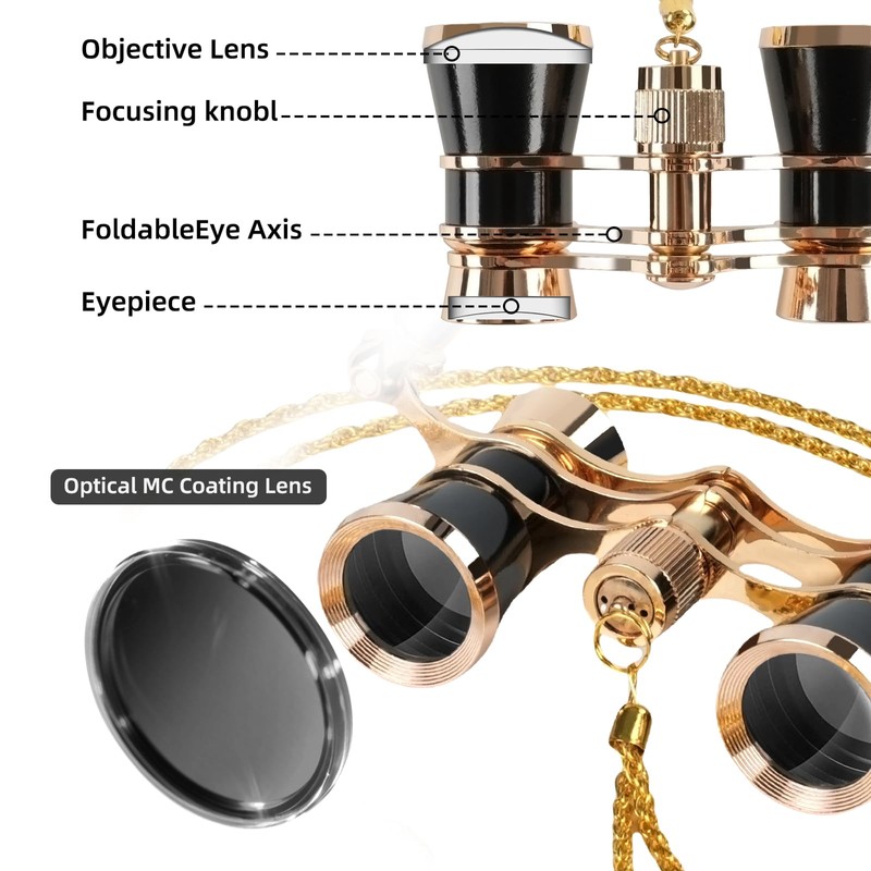 Luxury 3X25 Opera Glasses Binoculars with Adjustable Handle,Chain&Real Magnifying Glass,Optical
