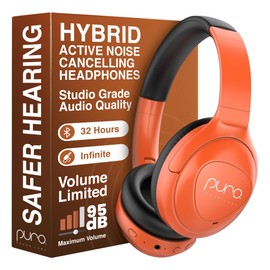 Puro Sound Labs PuroPro Hybrid Active Noise Cancelling Headphones, Volume Limiting, Hi-Res Audio, 32h Playtime, Wireless Over Ear Headphones with Mic, Comfortable Fit, Ideal for Travel & Work – Orange