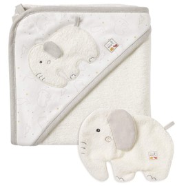 Fehn 056396 Bath Set Elephant fehnNATUR - Bath Set Towel & Wash Cloth with Organic Cotton (Organic Organic) - with Animal Motif for Happy Bathing Fun - for Babies and Toddlers from 0+ Months