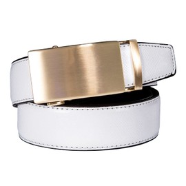 Barry.Wang Ratchet Belt Mens White Grain Leather Strap 1 3/8" Gold Automatic Buckles Belts Business Golf Wedding Trim To Fit
