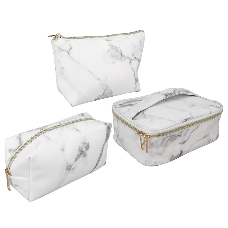 3Pcs Women Cosmetic Bag Marble Print Makeup Case Storage Handbag