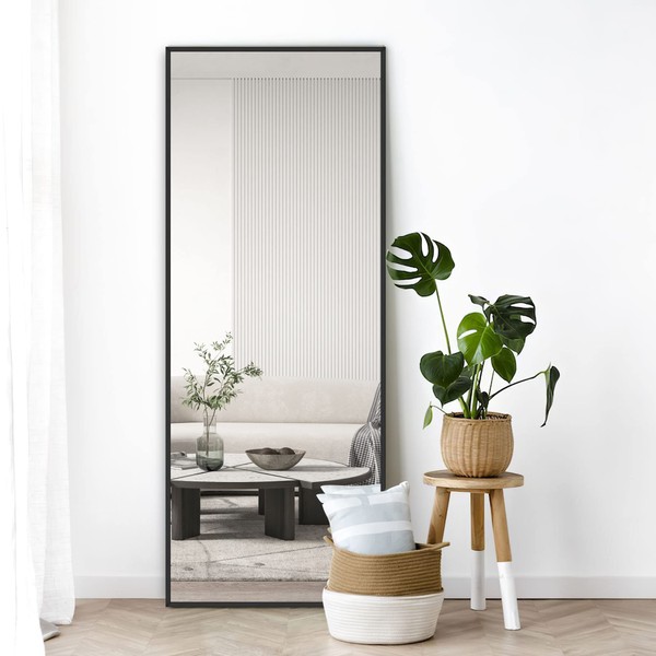 NeuType Full Length Mirror 64"x21" Full Body Mirror Floor Mirror Aluminum Alloy Thin Frame Wall Mirror Hanging or Leaning Against Wall Floor Mirror for Bedroom Living Room Black with Stand