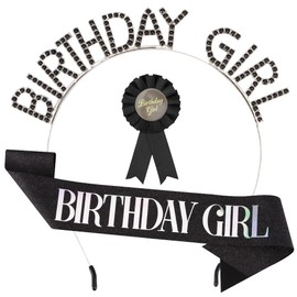 Ｎｏｏｎｈｏｒｓｅ Birthday Girl Sash for Women Birthday Tiara and Crown for Women Girls Headband Birthday Button Pins Princess Decoration Supplies Favor Gift Set Black, 3 Pack