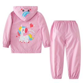 LZH Jungen Regenmantel Kinder Wasserdichte Mit Kapuze Mädchen, Jacke Hosen Anzug Lightweight 2 Stück Sets, Unisex Größe 130/4-5 Jahre, Rosa