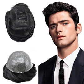 Mens Toupee Hair Replacement System for Men Thin Skin Full Poly Mens Human Hair Pieces Injected PU Wig for Men 8"X10" #1B Off Black-120% density