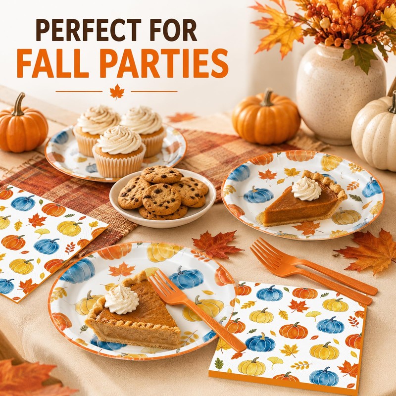 72Pcs Fall Paper Plates and Napkins Set, Autumn Pumpkin Dessert
