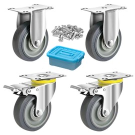 TONKI 5" Heavy Duty Quiet Caster Wheels Set (4-Pack) with Storage Box - 2 Locking Swivel + 2 Rigid Casters, 500LB Capacity Each, TPR Silent Tread & Steel Core, Includes M8 Hex Bolts/Nuts