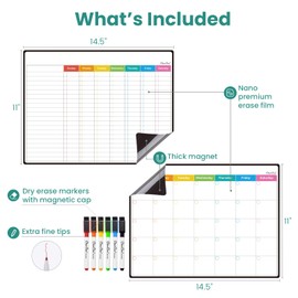 Magnetic Dry Erase Chore Chart, Monthly Calendar Set - 14.5"x11" Monthly Calendar, Chore Board for Fridge - 6 Extra Fine Point Markers Included - Shipped Flat