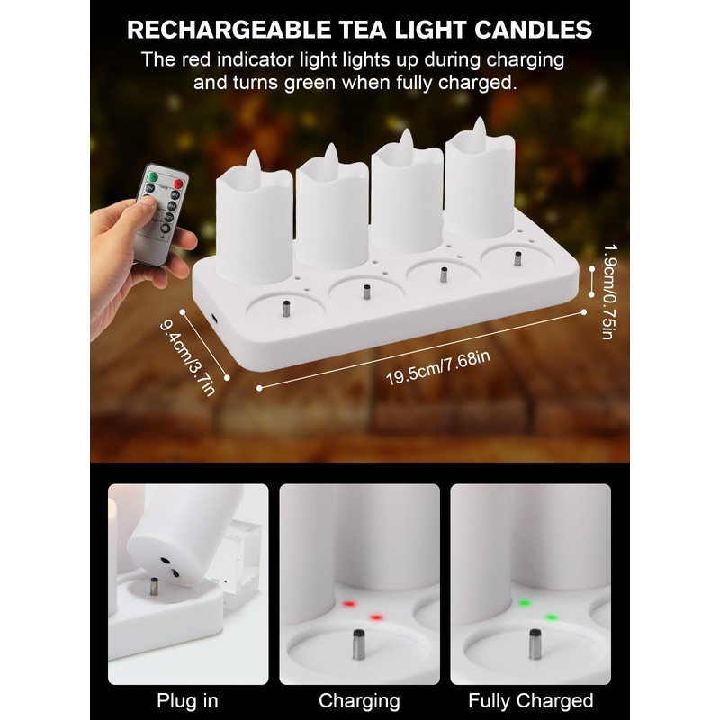 PIDZPOW Rechargeable Tea Lights Candles with Remote Timer, 2" x