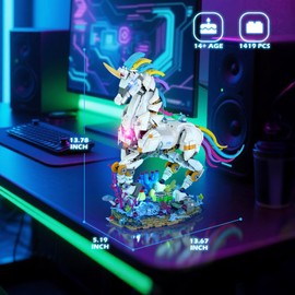 Brihappen Rainbow Unicorn Model Building Set for Adult Boys Girls - Cool Horse Animal Model with Light, STEM Toy Building Set, Home Office Decor, Creative Birthday Gifts（1419 Pieces）
