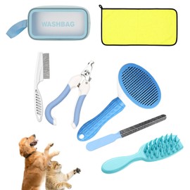 Rankomu 7 Pcs Pet Grooming Kit for Dogs & Cats – Cat Brush, Dog Brush Set with Bathing Brush, Undercoat Dematting Brush, Flea Comb, Nail Clippers with File, Towel, Storage Bag