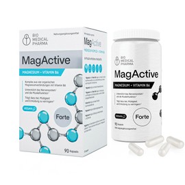 Magnesium Komplex Hochdosiert – 4 Organische Magnesiumformen mit Vitamin B6 – Hohe Bioverfügbarkeit – Unterstützt Nerven- und Muskelfunktion – Vegan, Ohne Zusätze – MagActive (90 Kapseln)