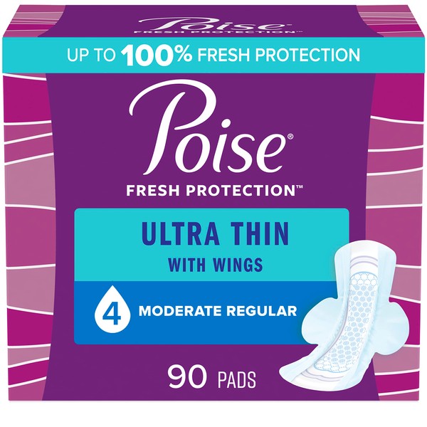 Poise Ultra Thin Incontinence Pads with Wings & Postpartum Incontinence Pads, 4 Drop Moderate Absorbency, Regular Length, 90 Count