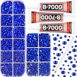 7500Pcs Blue Rhinestones Flatback with b-7000 Jewelry Glue for Crafts Clothing Clothes Fabric Tumblers, Royal Blue Flat Back Gems, Dark Blue Crystals Diamonds Different Sizes 6/10/16/20 ss, Non Hotfix