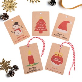 KUUQA 50 Pieces Kraft Paper Christmas Note Tags for Christmas Note Tags Wrapping Label with Hanging Rope, 5 Different Design