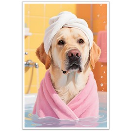 Cute Labrador Bath Time Wall Art Modern Pet Bathroom Canvas Print Funny Animal Artwork Trendy Picture Painting Whimsical Pet Decor for Washroom Kids Room Living Room Office 16x24in Unframed