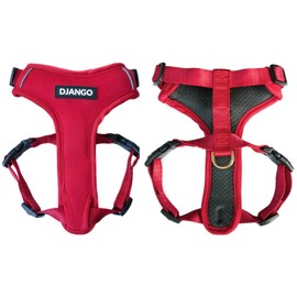 DJANGO Adventure Dog Harness - Stylish and Durable Large Dog Harness for Outdoor Adventures and Everyday Wear - Red Neoprene Adjustable Harness for Dogs with Reflective Piping, Solid Brass D-Ring