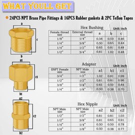 24Pcs Brass Pipe Fittings, NPT Adapter, Hex Bushing Fitting, Reducer Bushing, Reducing Hex Nipple, For pipework, compressed air, refrigeration, hydraulics, instrumentation, gas and other applications.