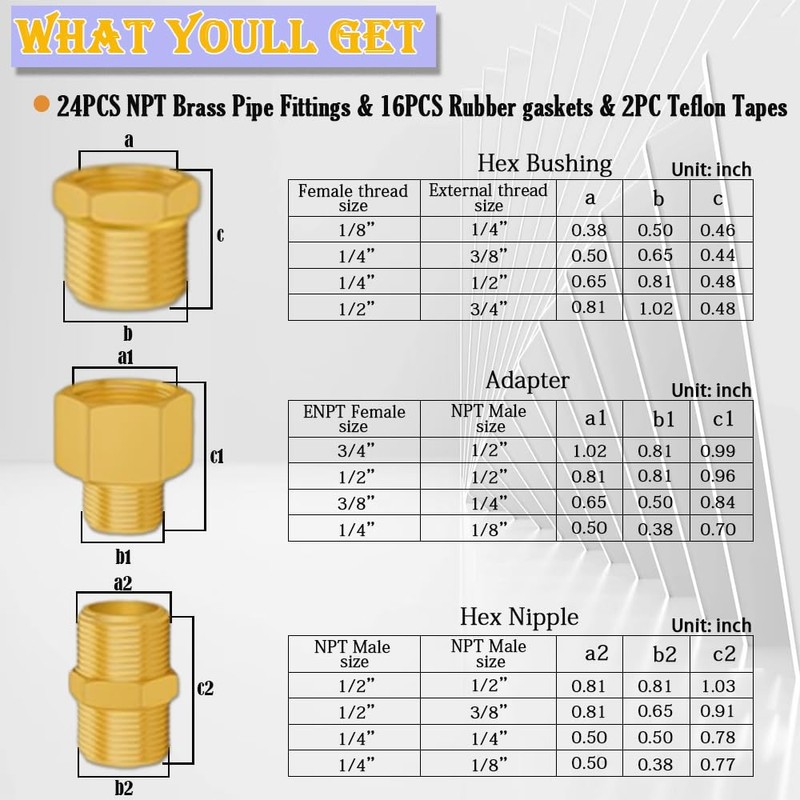 24Pcs Brass Pipe Fittings, NPT Adapter, Hex Bushing Fitting, Reducer
