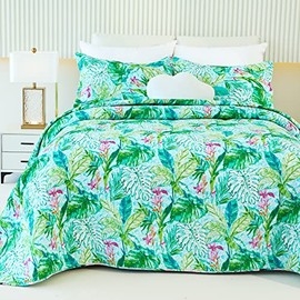 Green Leaf Twin Quilt Set Cotton Tropical Palm Bed Cover Double Pattern Rainforest Coverlet Set-3 Pieces Reversible Bedspread Lightweight with 2 Pillow Shams(Green, Twin)