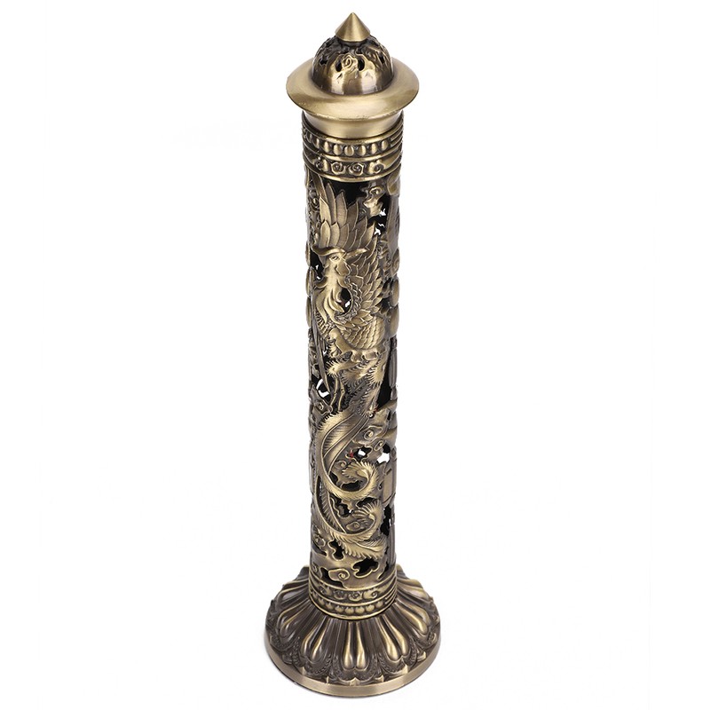 Incense Burner Bronze Tone Dragon Phoenix Relief Craft Ornaments Tea