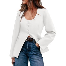 Cicy Bell Womens Business Work Casual Blazers Button Down Scoop Neck Split Hem Fitted Suit Jackets White