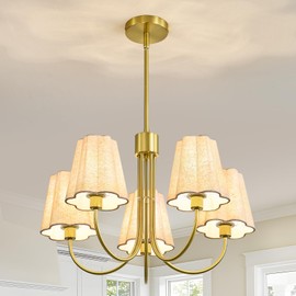 Linour Gold 5 Light Chandelier for Dining Room, Fabric Shade Adjustable Hanging Chandelier Lighting Fixture, Modern Classic Ceiling Chandeliers for Kitchen Island Bedroom