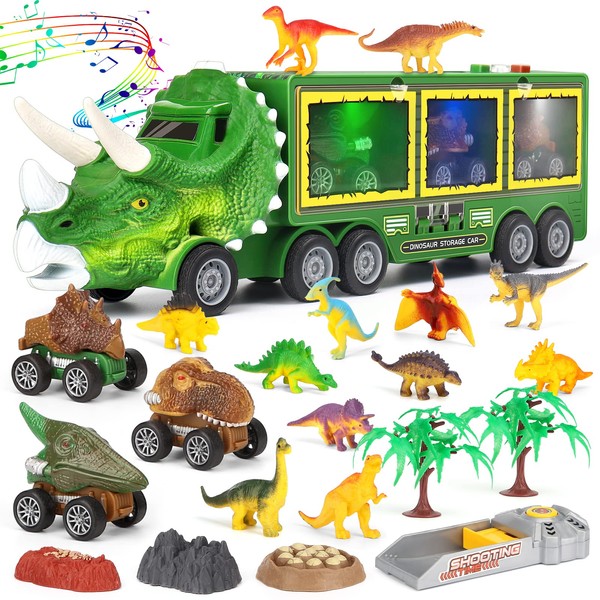 Aoskie Dinosaur Toys for Kids 3-7, Transporter Truck with Roar Sound & Lights, 3 Pull Back Cars, 12 Dinosaurs (23Pcs)