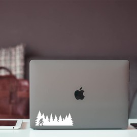 AzQuest Bigfoot in Treeline Vinyl Decal - Pine Trees Forest PNW Sasquatch - Die Cut Sticker for Truck,Van,Car Window, Laptop | 8x3.4"|AZQ112| (White)