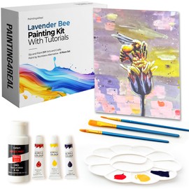 Painting4Real DIY Art Painting Kit for Adults with Video Tutorials – Learn to Paint Lavender Bee - 9 Pieces Acrylic Paint Set & Art Supplies for Adults, Mother Day Gift for Mom, Women, Art Lover