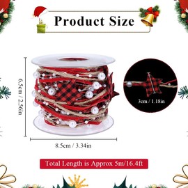 Bekecidi 1 Roll 5 m Christmas Tree Pearl Necklace Pearl Ribbon Christmas Artificial Pearl Garland Bead String Christmas for Christmas Tree, Wedding, Christmas Decoration (Red + Black)